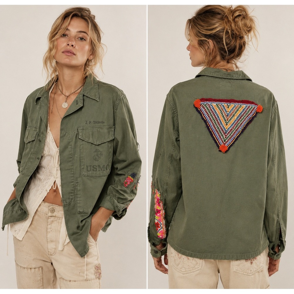 New Tricia Fix Vtg USMC Distressed Military Jacket M Beaded Designer Embroidery